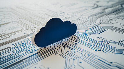 Poster - Cloud Computing Concept:  Dark Blue Cloud Icon on Circuit Board. 