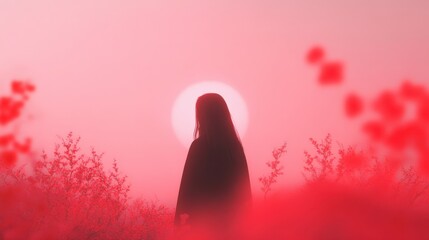 Wall Mural - silhouette of a woman with long hair standing in field with red light