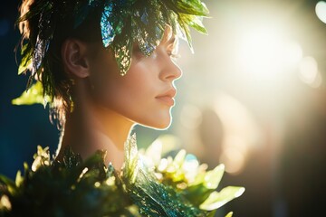 Poster - A woman adorns herself with a leafy headdress and a single flower, exuding natural beauty