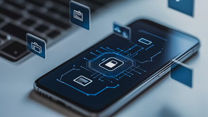 Poster - Smartphone with digital security and data protection concept. 