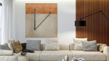 Wall Mural - Large luxury modern bright interiors Living room mockup illustration 3D rendering image