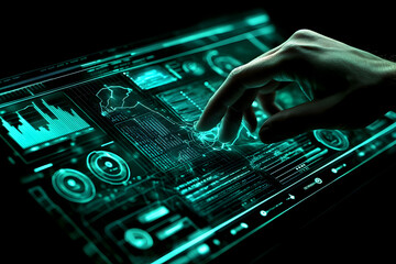 Poster - Futuristic Hand Interacting with Holographic Interface: A sleek, modern design showcasing a hand seamlessly interacting with a transparent digital    