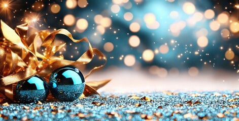 Poster - Festive holiday decorations featuring sparkling blue ornaments and golden ribbons on a shimmering background