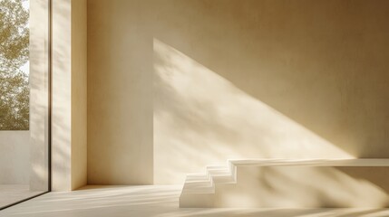 Poster - soft beige wall interior with sunlight filtering through a window and gentle shadows casting on the 