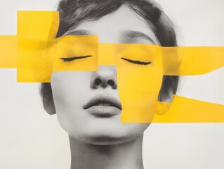 Wall Mural - artistic portrait of a woman with yellow geometric shapes covering her face.