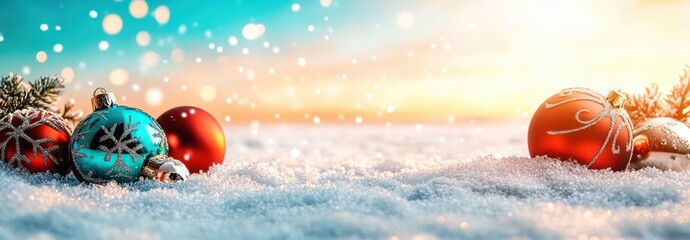 Poster - Colorful Ornaments on Snow During a Winter Sunset with Glittering Snowflakes and Frosty Surroundings