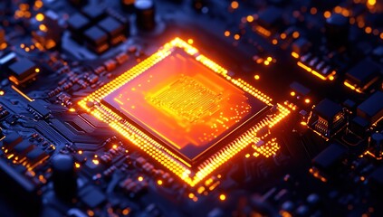 Poster - Exploring the Intricate Circuits: A Close-Up View of a Microprocessor's Glowing Core, Revealing Complex Technology.