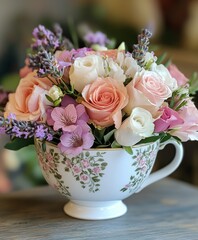 Wall Mural - Beautiful floral arrangement in an elegant cup with mixed roses and lavender flowers