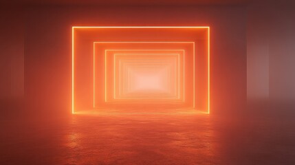 Poster - Orange neon squares hallway, futuristic background
