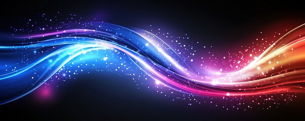 Poster - Vibrant Light Waves Flow Dynamically Across Dark Background with Sparkling Glimmer, Creating an Abstract Design.