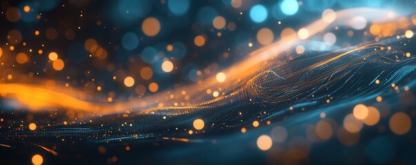 Poster - Abstract Orange and Blue Particle Waves Flow Dynamically in 3D Space with Glowing Lights
