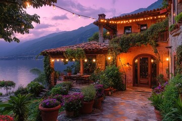 Wall Mural - Lit villa on hillside, view of lake, lights on, outdoors, use travel, vacation, lifestyle