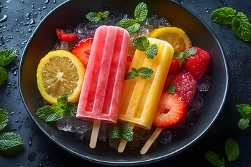 Wall Mural - Refreshing Summer Treats with Lemon and Strawberry Popsicles on Ice