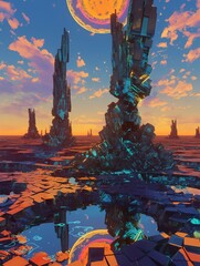 Wall Mural - A desert landscape of melting borax, molten pools, neon skylines, and holographic sun