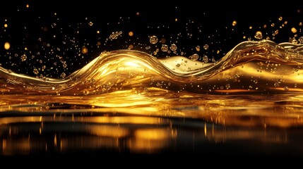 Aufkleber - Golden liquid wave, dark background, reflection,  advertising