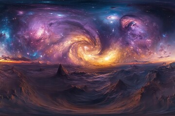 Wall Mural - immersive cosmic panorama featuring swirling nebulae, distant galaxies, and shimmering stars in vibrant purples and blues, creating a seamless 360-degree view of deep space