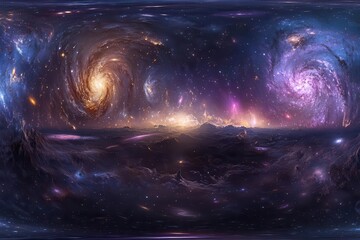 Wall Mural - immersive cosmic panorama featuring swirling nebulae, distant galaxies, and shimmering stars in vibrant purples and blues, creating a seamless 360-degree view of deep space