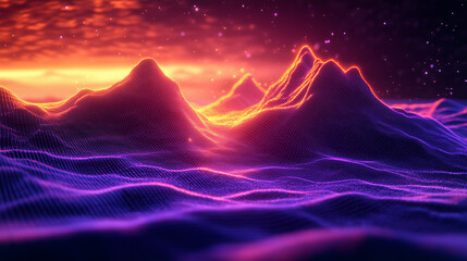 Wall Mural - digital waves in the form of mountains with a mesh texture, shimmering with bright colors, create th