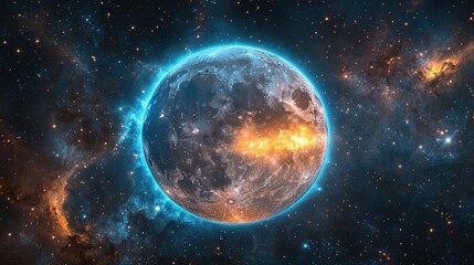 Poster - Glowing planet in nebula; cosmic background; space exploration; science fiction art