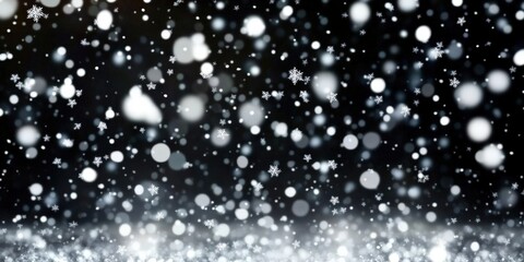 Wall Mural - Snow Falling Gently in the Air with Beautiful Snowflakes Against a Dark Black Background, Creating a Magical Winter Scene