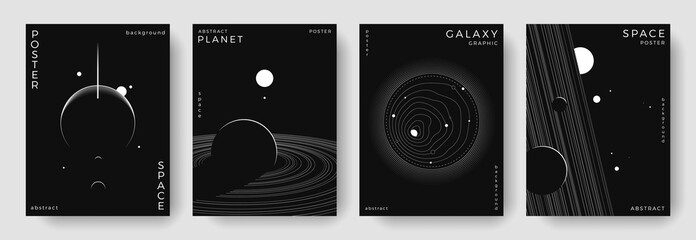 Set of abstract space astronomy backgrounds. Line art galaxy, solar system, planet, black hole. Science future concept. Cosmic minimalist design for cover, poster, layout, banner, flyer, brochure