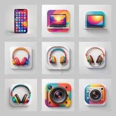 Aufkleber - Colorful collection of app icons for web, game, and application design. Icons of phone, laptop, headphones, and camera in modern style.