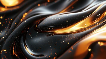 Poster - Golden liquid swirls, dark background, bokeh lights, abstract texture, website banner