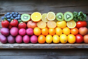 Sticker - Colorful Rainbow Arrangement Of Fresh Fruits On Wooden Surface