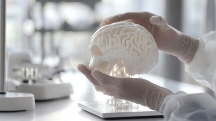 Poster - scientist wearing gloves carefully examines a 3d printed brain model in a laboratory setting. the sc