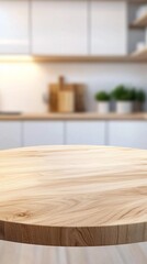 Poster - Empty round wood tabletop showcases a fresh, inviting kitchen environment. Ideal for product displays, this clean and bright space emphasizes simplicity and natural beauty