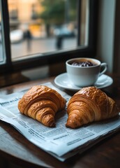 Wall Mural - Enjoying fresh croissants and coffee by the window in a cozy caf during morning hours