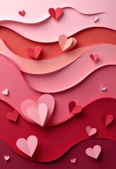 Wall Mural - Colorful paper waves with heart shapes in shades of pink for romantic backgrounds, Valentines Day designs, love themes, and artistic projects in paper crafting