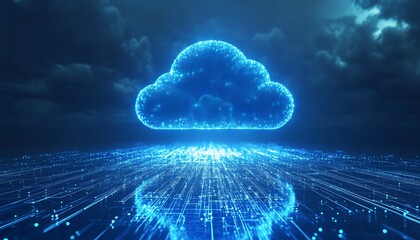 Fototapete - Global cloud computing ecosystem with realtime SaaS applications, glowing data nodes, deep blue cyber matrix, ultrasharp details, 8K resolution