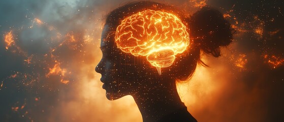 Poster - futuristic hologram of a human silhouette with a glowing brain and chip, ai and business policy inno