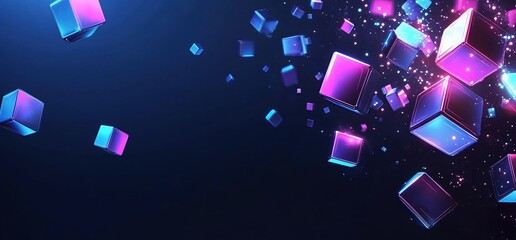 Poster - Neon Cubes Dance Dynamically in 3D Space, Glowing with Vibrant Colors and Shimmering Effects, Abstract Digital Art