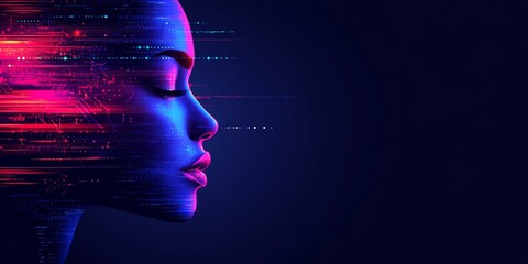 Poster - human face outline intertwined with digital circuits, 1s and 0s against a midnight blue backdrop.