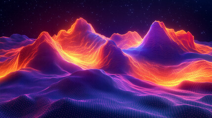 Wall Mural - abstract landscape with bright neon mountains illuminated with orange and pink lights under a starry