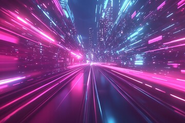 Poster - Neon City Nightscape: High-Speed Drive Through Futuristic Urban Landscape with Vibrant Pink and Blue Lights