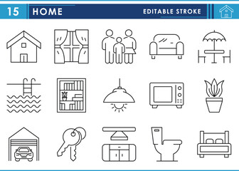 Fototapete - A set of line icons related to Home. House, family, furniture, beds, lamp, swimming pool, garage, and so on. Vector editable stroke.