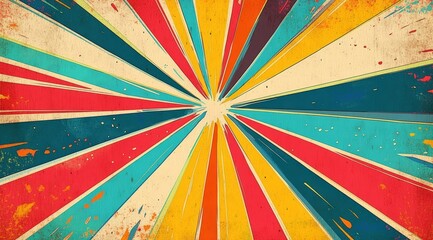 Poster - Colorful Rays of Light Emerging from the Center in a Dynamic Vector Background Illustrating Vibrant Sunburst Effect
