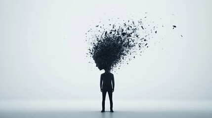 Poster - Silhouette of a person stands with their head exploding into fragments, symbolizing mental overload, stress, and burnout. The abstract depiction conveys themes of information overload and anxiety