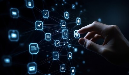 Hand interacts with digital network interface, dark background, data security