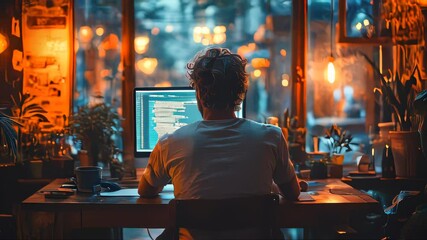 Poster - A man working on a laptop in a cozy, plant-filled room with warm lighting. The ambient glow enhances the workspace, creating a peaceful and inspiring atmosphere