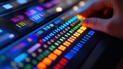 Poster - Vibrant, illuminated control panel showcasing colorful scientific data. A hand interacts with the panel, highlighting technology's role in modern scientific exploration and data analysis