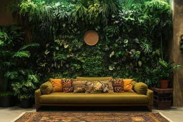 Wall Mural - Green wall living room sofa interior design