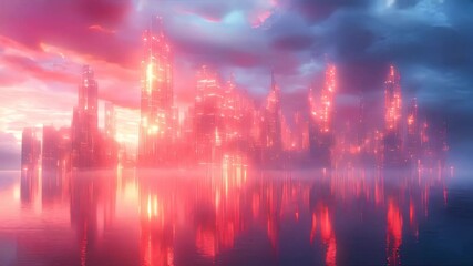 Poster - A futuristic metropolis glows in red and pink neon hues, reflecting vividly on a calm water surface under a stormy sky