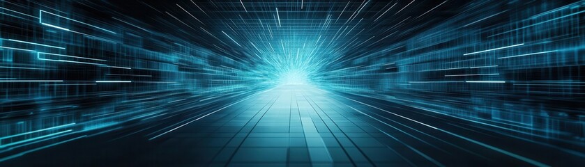 A dynamic digital background featuring glowing blue lines, representing speed and innovation in technology and data transfer. podium concept of digital tech blue light background.