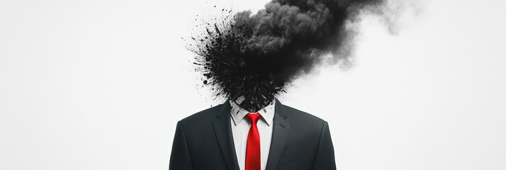 Aufkleber - Surreal image of a businessman exploding head with dark smoke and particles, representing stress, burnout, and information overload in the modern business world