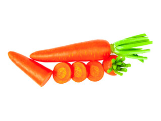 Wall Mural - Fresh carrot and cut pieces isolated on white background.