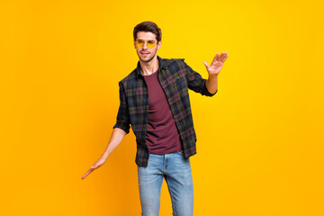 Poster - Photo of masculine with bristle concentrated cheerful funky relaxed people gesturing hands in rhythm listening music at nightclub isolated vivid color background